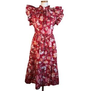 JessaKae Floral Midi Dress Red XL Flutter Ruffle Statement Sleeves EUC Lined